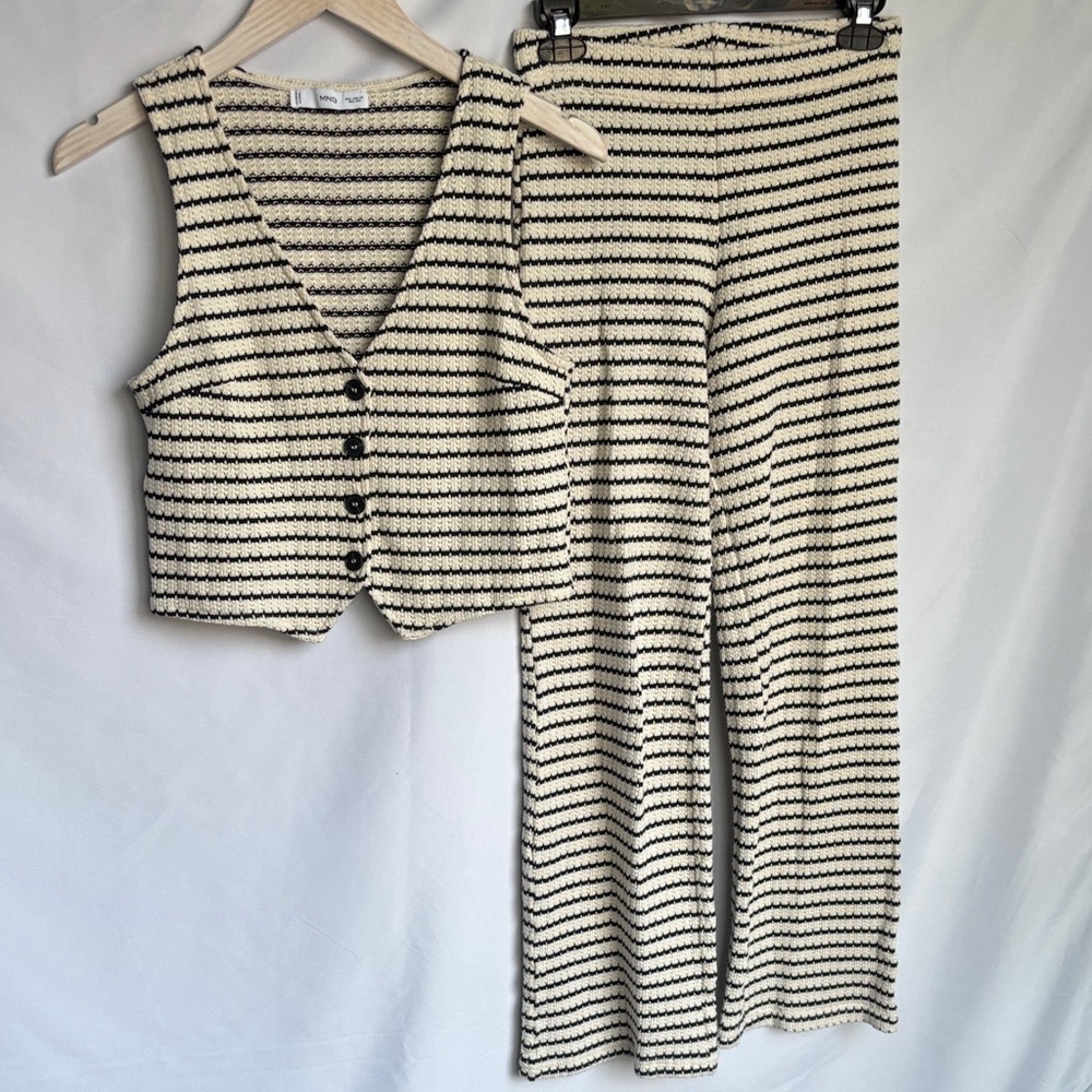 Mango Women's knit Black and Cream Striped Pants & Vest Set XSmall